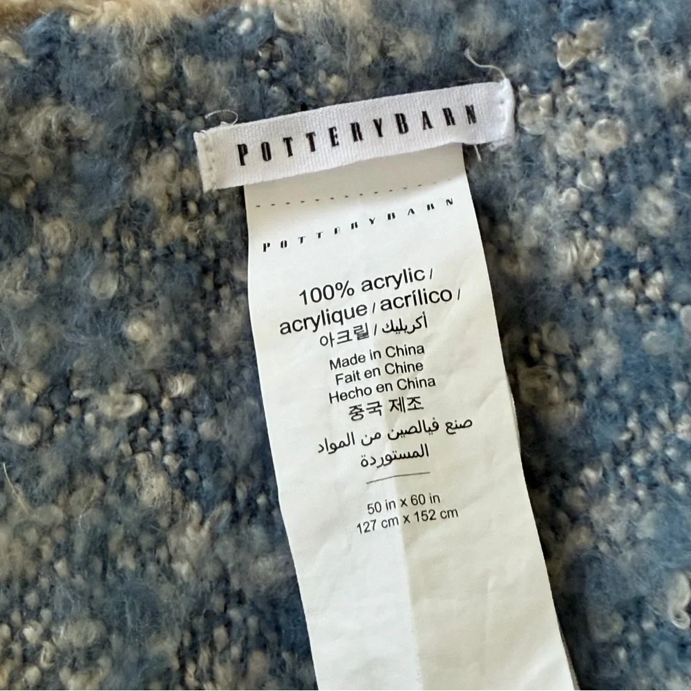 Pottery Barn Faux Mohair Blanket Blue Cream Throw Dipped Porch Fringe Warm Cozy